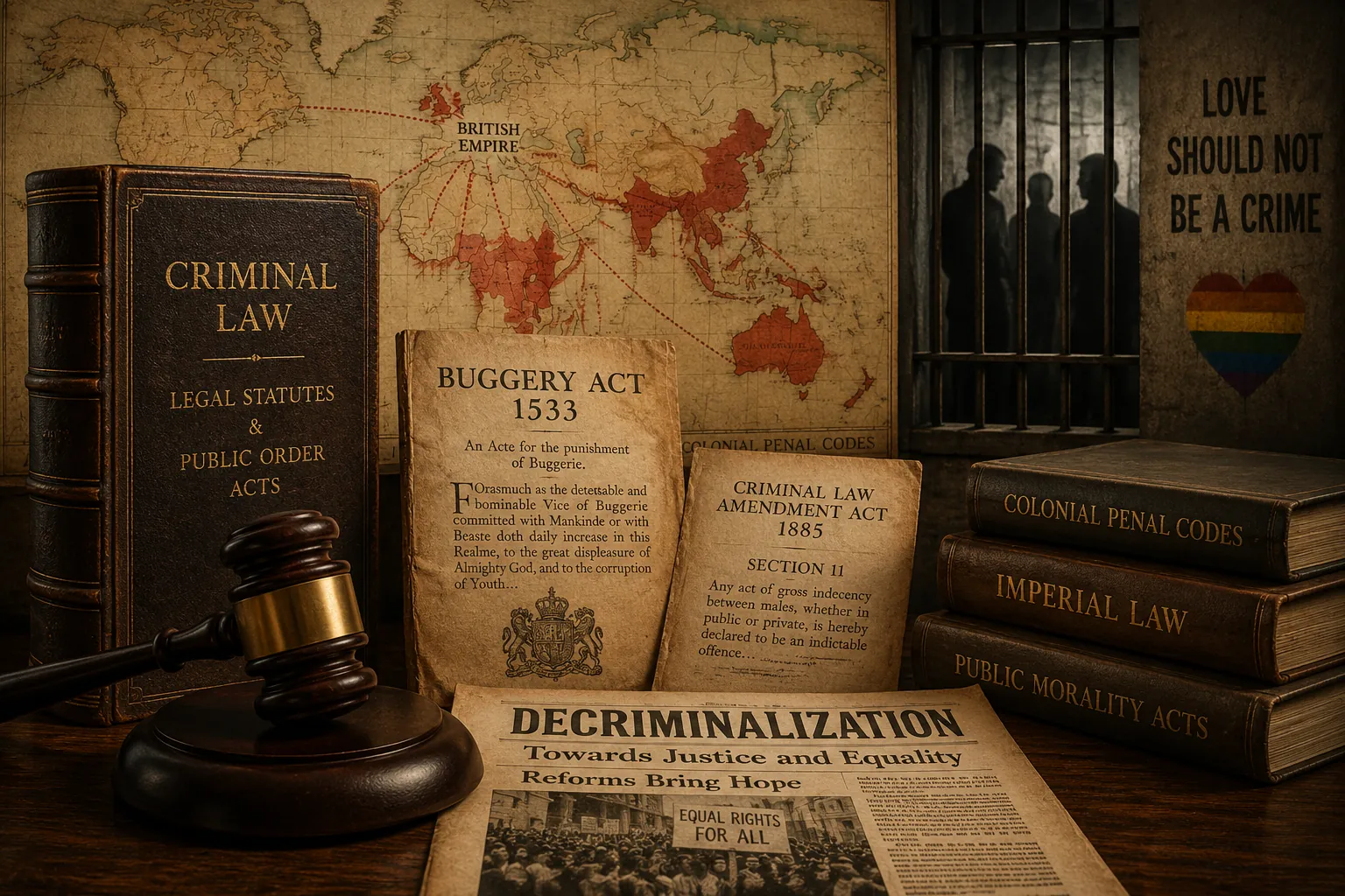 Historic law book, courtroom documents, and prison bars representing the criminalization of homosexuality