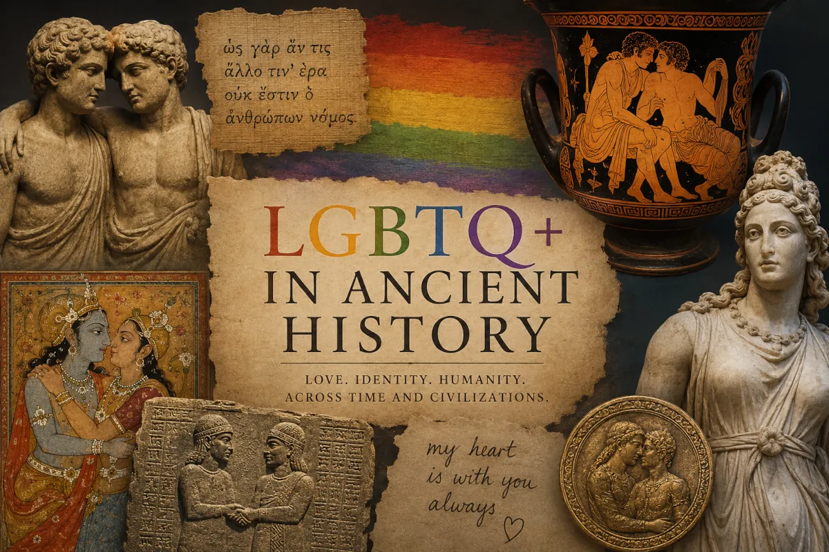 Ancient sculptures and historical artifacts representing same-sex love and gender diversity across civilizations