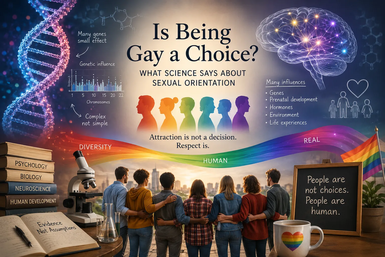Scientific study of sexual orientation represented by DNA, human silhouettes, and a spectrum of attraction and identity