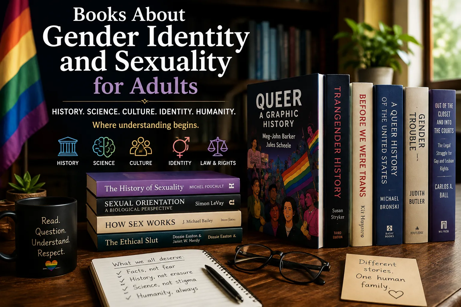Books about gender identity and sexuality for adults exploring LGBTQ+ history, science, culture, identity, and human experience